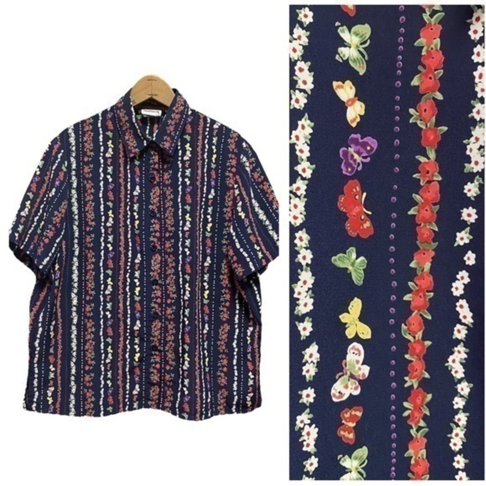 Vintage Bon Worth Navy Blue Floral Butterfly Print Button Down Grandma Shirt MP